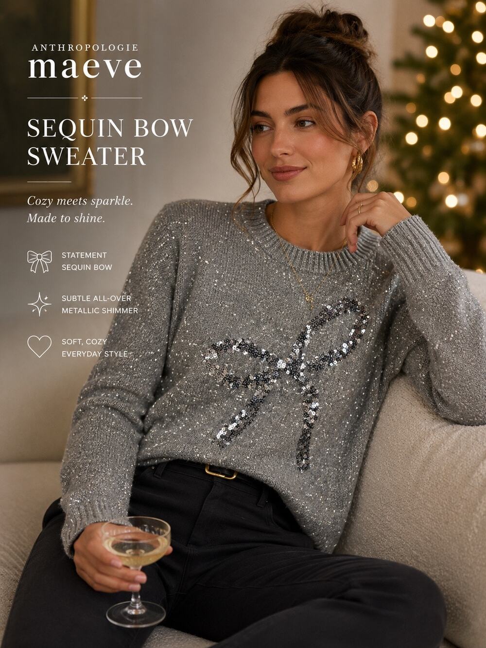 Anthropologie Maeve Sequin Bow Sweater XS Gray Sparkle Crewneck Pullover